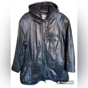 WILSONS Leather Vintage Pelle Studio Black Motorcycle Jacket Hooded Size…
